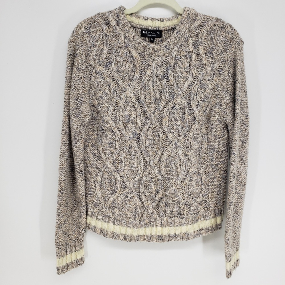 IMMAGINI Cable Knit Sweater Womens M Beige Cream Metallic Chunky Knit Wool Blend